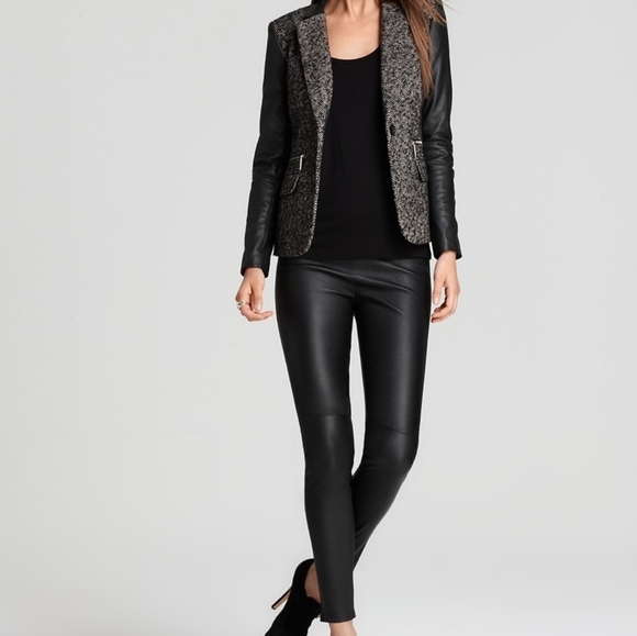 Michael Kors Tweed Wool And Faux Leather Blazer Size 2 - Picture 2 of 16